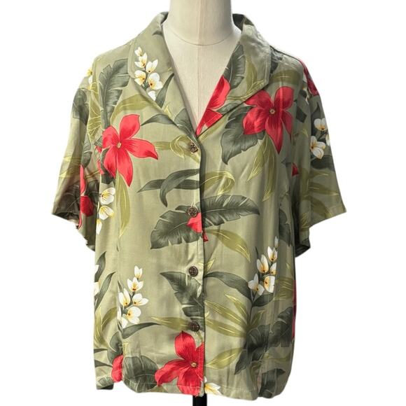 Caribbean Joe Green Tropical print Boxy Button Down Shirt Size PETITE XL - Picture 8 of 8